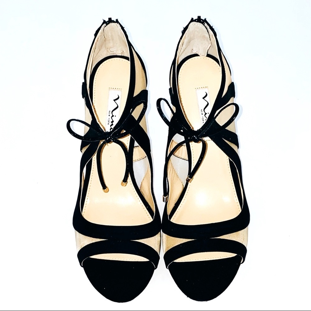 Nina Cherie black matte fabric nude mesh heels